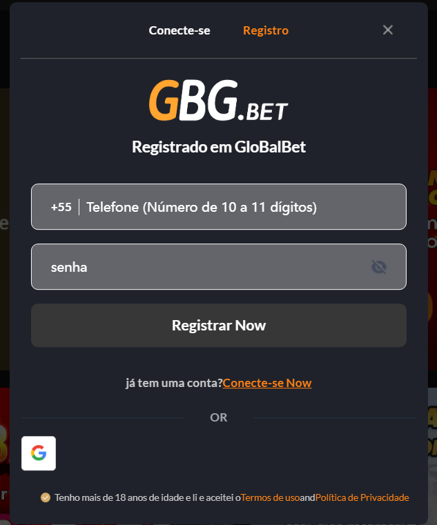 Como se registrar no GBG Bet